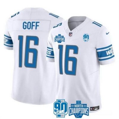 Men Detroit Lions 16 Jared Goff White 2023 F U S E  90th Anniversary NFC North Division Champions Vapor Untouchable Limited Stitched Jersey