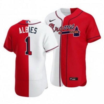 Men Atlanta Braves 1 Ozzie Albies Split White Red TWo Tone Jersey