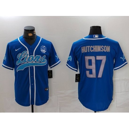 Men Detroit Lions 97 Aidan Hutchinson Blue With 90th Anniversary Patch Cool Base Stitched Baseball Jersey