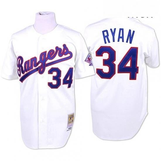 Mens Mitchell and Ness Texas Rangers 34 Nolan Ryan Replica White Throwback MLB Jersey