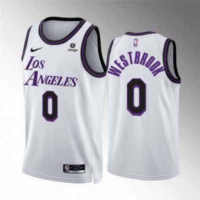 Men Los Angeles Lakers 0 Russell Westbrook White City Edition Stitched Basketball Jersey