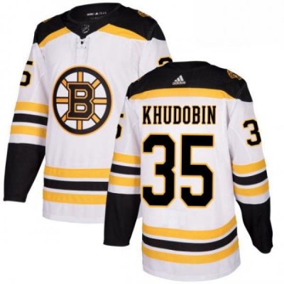 Mens Adidas Boston Bruins 35 Anton Khudobin Authentic White Away NHL Jersey