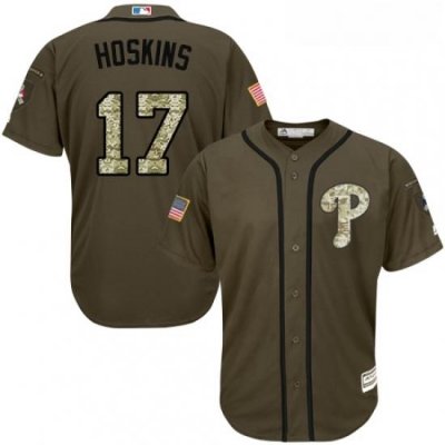 Youth Majestic Philadelphia Phillies 17 Rhys Hoskins Replica Green Salute to Service MLB Jersey