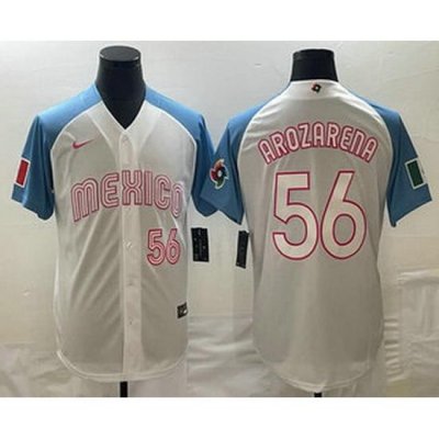 Men's Mexico Baseball #56 Randy Arozarena Number 2023 White Blue World Classic Stitched Jersey2