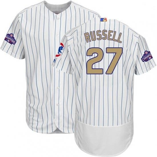 Mens Majestic Chicago Cubs 27 Addison Russell Authentic White 2017 Gold Program Flex Base MLB Jersey