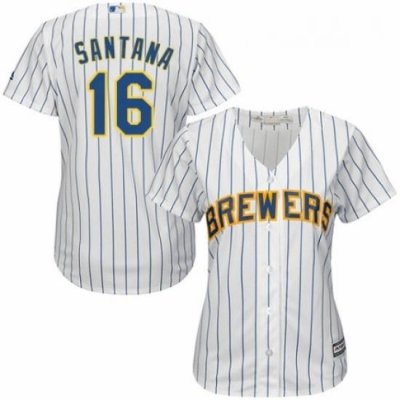 Womens Majestic Milwaukee Brewers 16 Domingo Santana Replica White Home Cool Base MLB Jersey