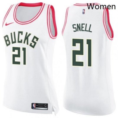 Womens Nike Milwaukee Bucks 21 Tony Snell Swingman WhitePink Fashion NBA Jersey