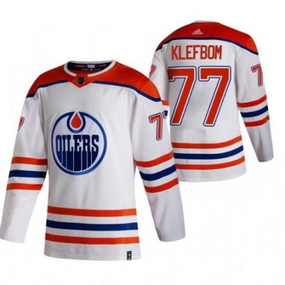 Men Edmonton Oilers 77 Oscar Klefblom White Adidas 2020 21 Reverse Retro Alternate NHL Jersey