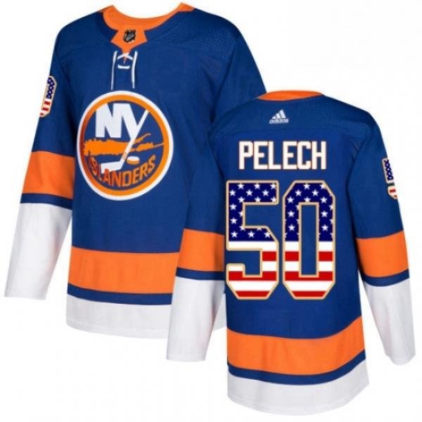 Mens Adidas New York Islanders 50 Adam Pelech Authentic Royal Blue USA Flag Fashion NHL Jersey