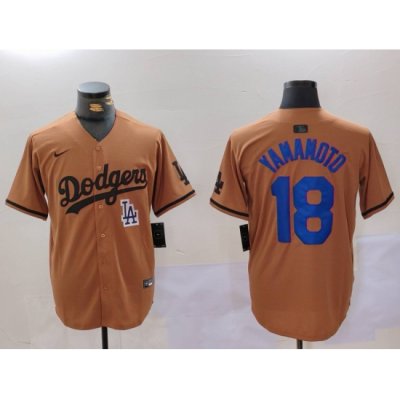 Men Los Angeles Dodgers 18 Yoshinobu Yamamoto Brown Cool Base Stitched Baseball Jersey 3