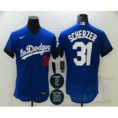 Men Los Angeles Dodgers 31 Max Scherzer Blue 2 20 Patch City Connect Flex Base Stitched Jersey