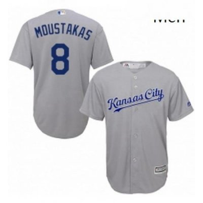 Mens Majestic Kansas City Royals 8 Mike Moustakas Replica Grey Road Cool Base MLB Jersey