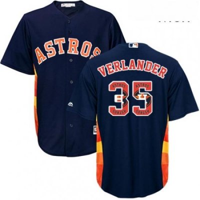 Mens Majestic Houston Astros 35 Justin Verlander Authentic Navy Blue Team Logo Fashion Cool Base MLB Jersey