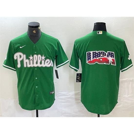 Men Philadelphia Phillies Green Team Big Logo Cool Base Stitched Baseball Jersey