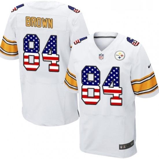 Mens Nike Pittsburgh Steelers 84 Antonio Brown Elite White Road USA Flag Fashion NFL Jersey