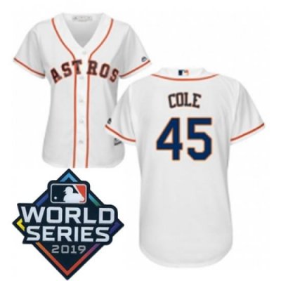 Womens Majestic Houston Astros 45 Gerrit Cole White Home Cool Base Sitched 2019 World Series Patch jersey